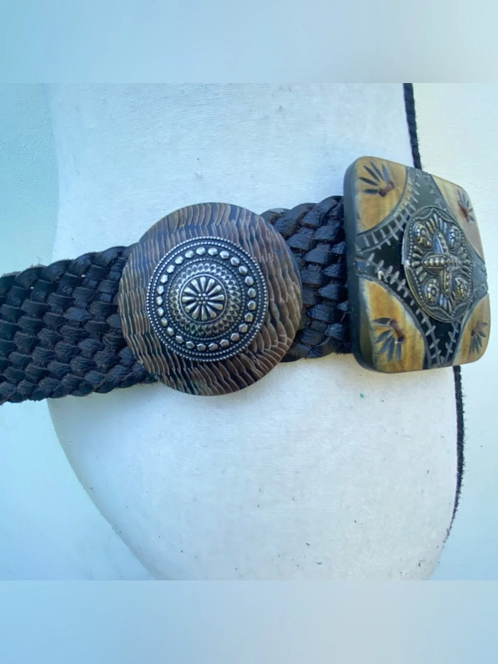 TheY2K Dark Brown Leather Tribal Metal & Wood Embellished Statement Belt Size M